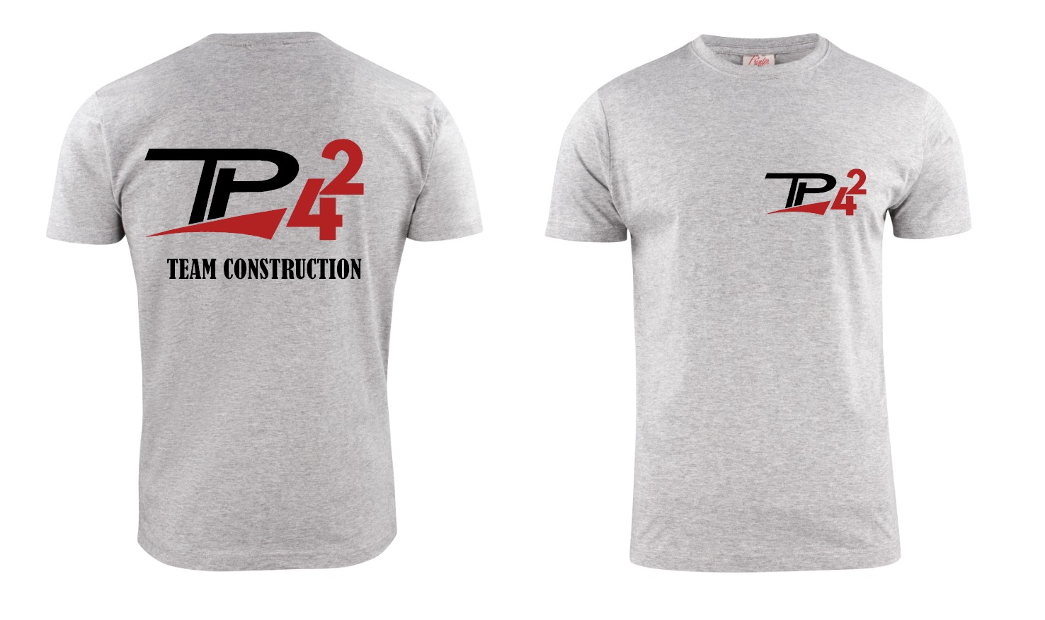 T-shirt personnalisé gris chiné TP4² Team Construction — logo dos grand format et poitrine petit format